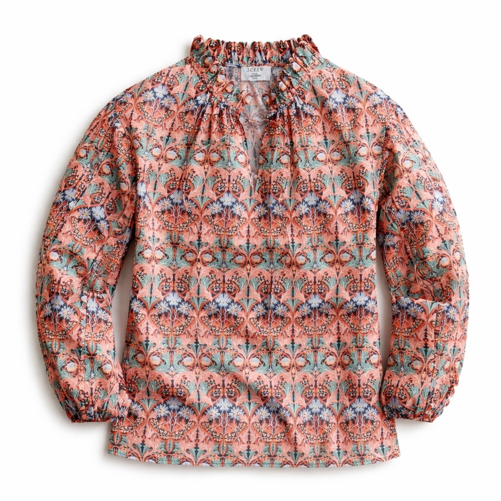 J.Crew Liberty May Nouveau Floral‎ Scalloped Tie Neck Blouse XS Boho Romantic